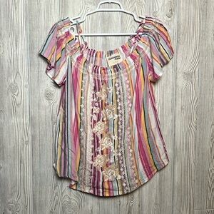 Multicolor Striped Blouse  Floral Embroidery Savanna Jane Size Large Rayon 100%